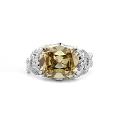 14K White Gold 4.1CT Cushion Old Mine Cut Lab Yellow Diamond Vintage Inspired Ring - MMR