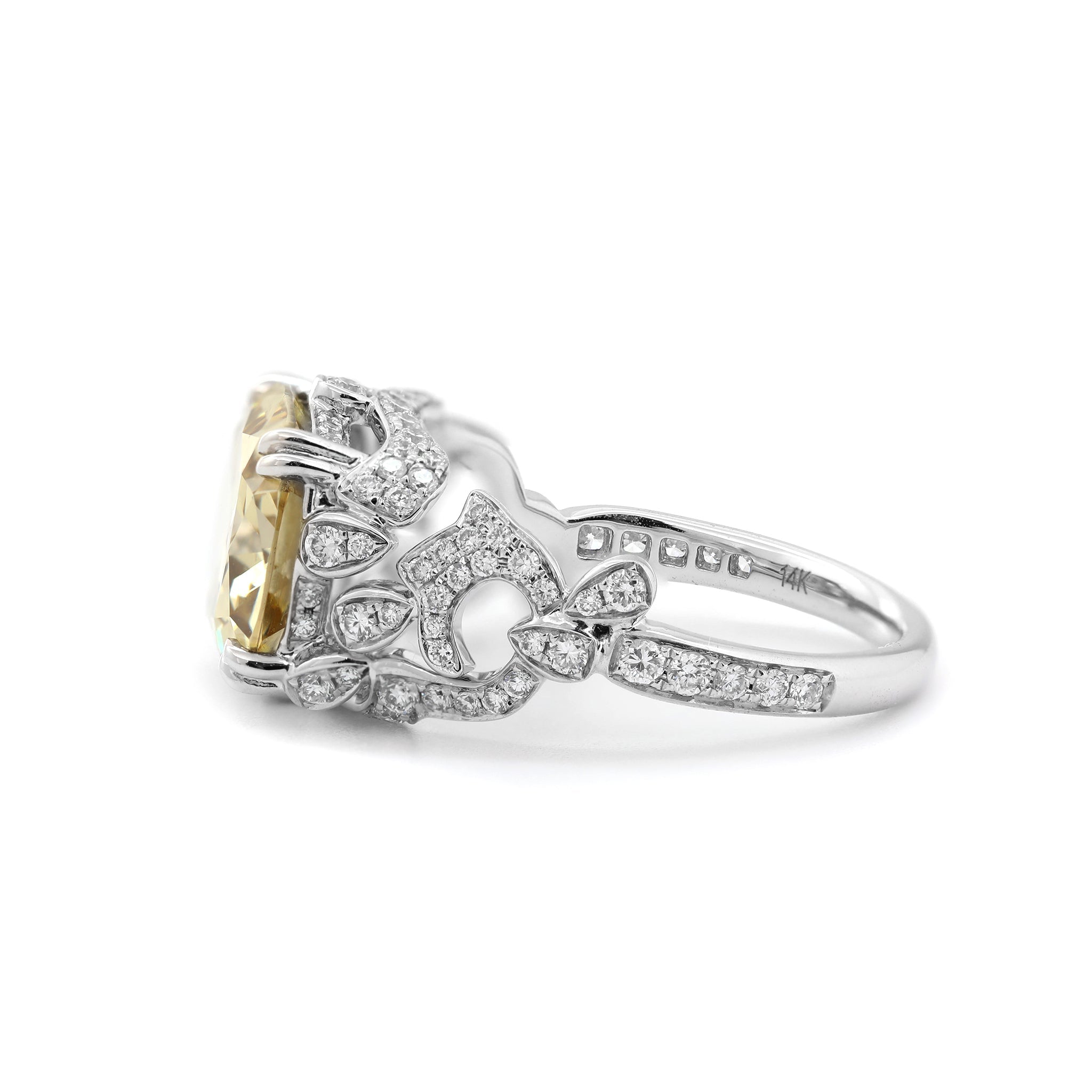 14K White Gold 4.1CT Cushion Old Mine Cut Lab Yellow Diamond Vintage Inspired Ring - MMR