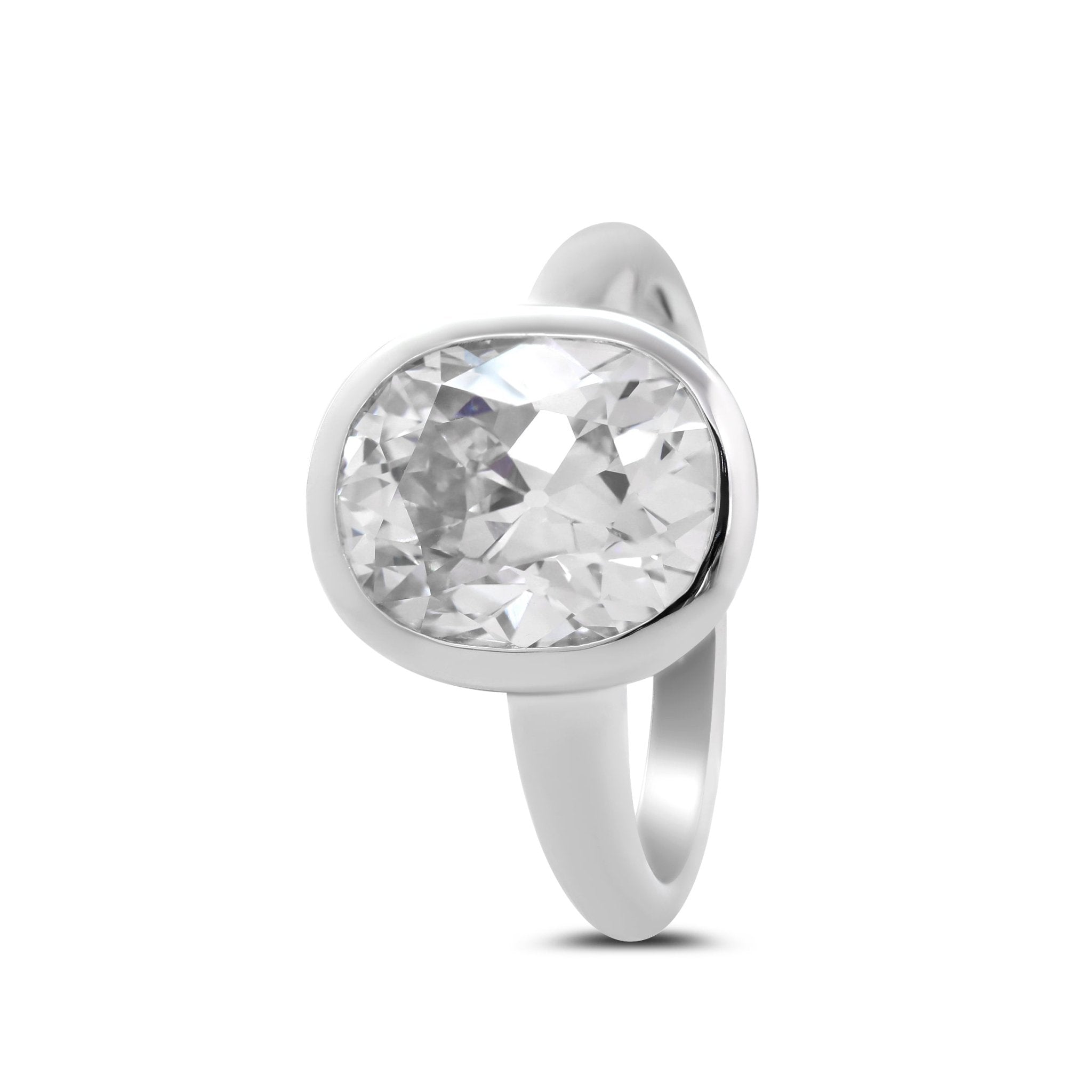 14K White Gold 4.5ct Elongated Old Mine Cut Lab Diamond Bezel Solitaire Ring - MMR