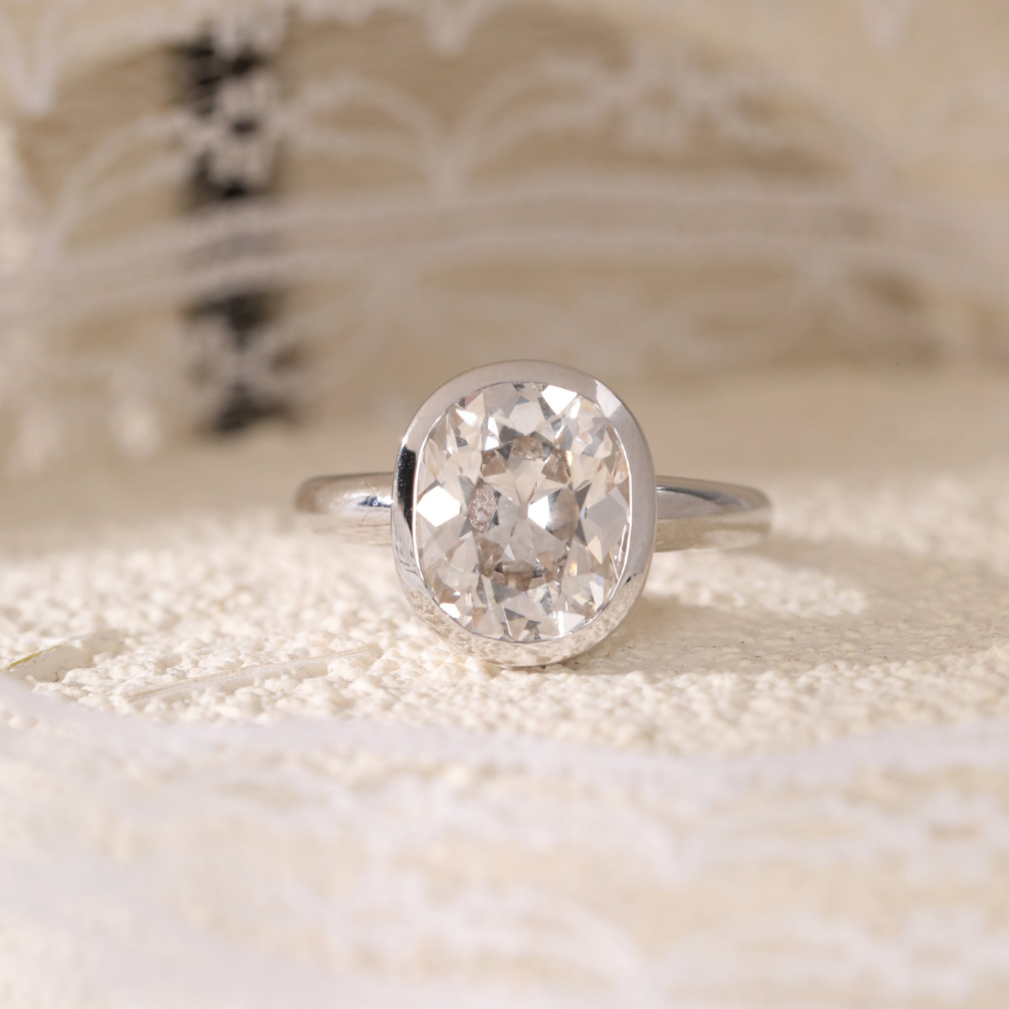 14K White Gold 4.5ct Elongated Old Mine Cut Lab Diamond Bezel Solitaire Ring - MMR