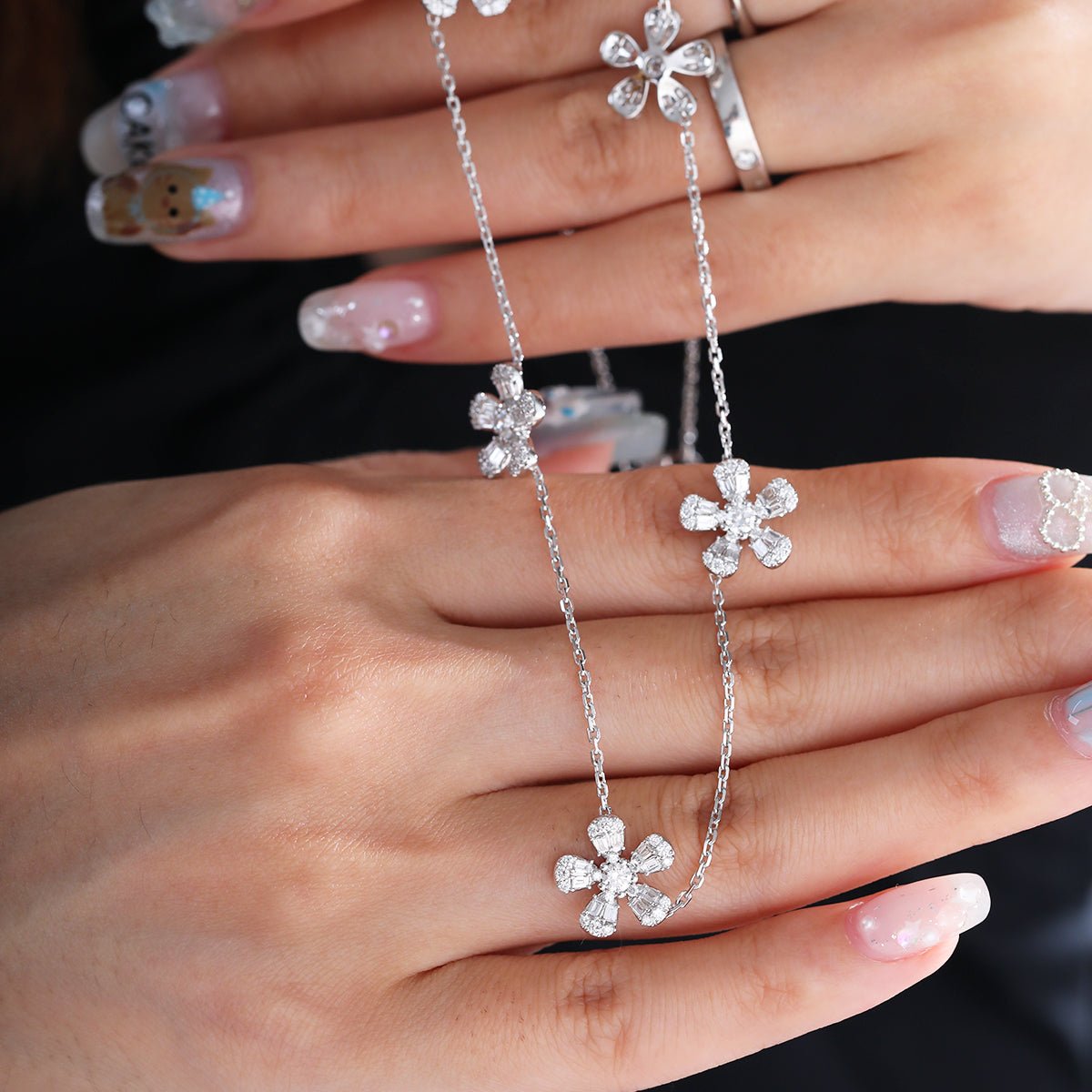 14K White Gold 5 - Flower Station Necklace with Round and Baguette Cut Lab Diamonds - MMR