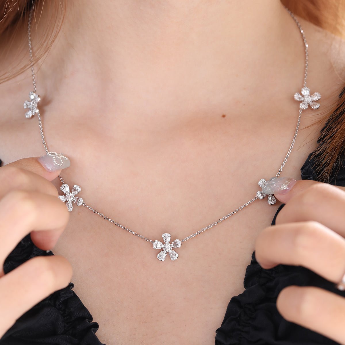 14K White Gold 5 - Flower Station Necklace with Round and Baguette Cut Lab Diamonds - MMR