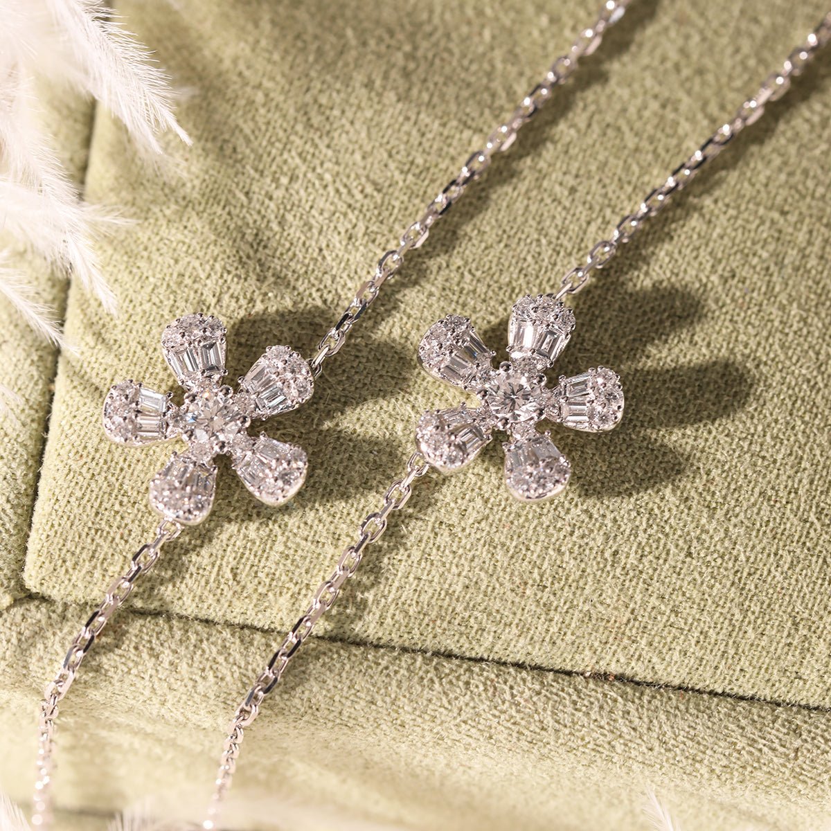 14K White Gold 5 - Flower Station Necklace with Round and Baguette Cut Lab Diamonds - MMR