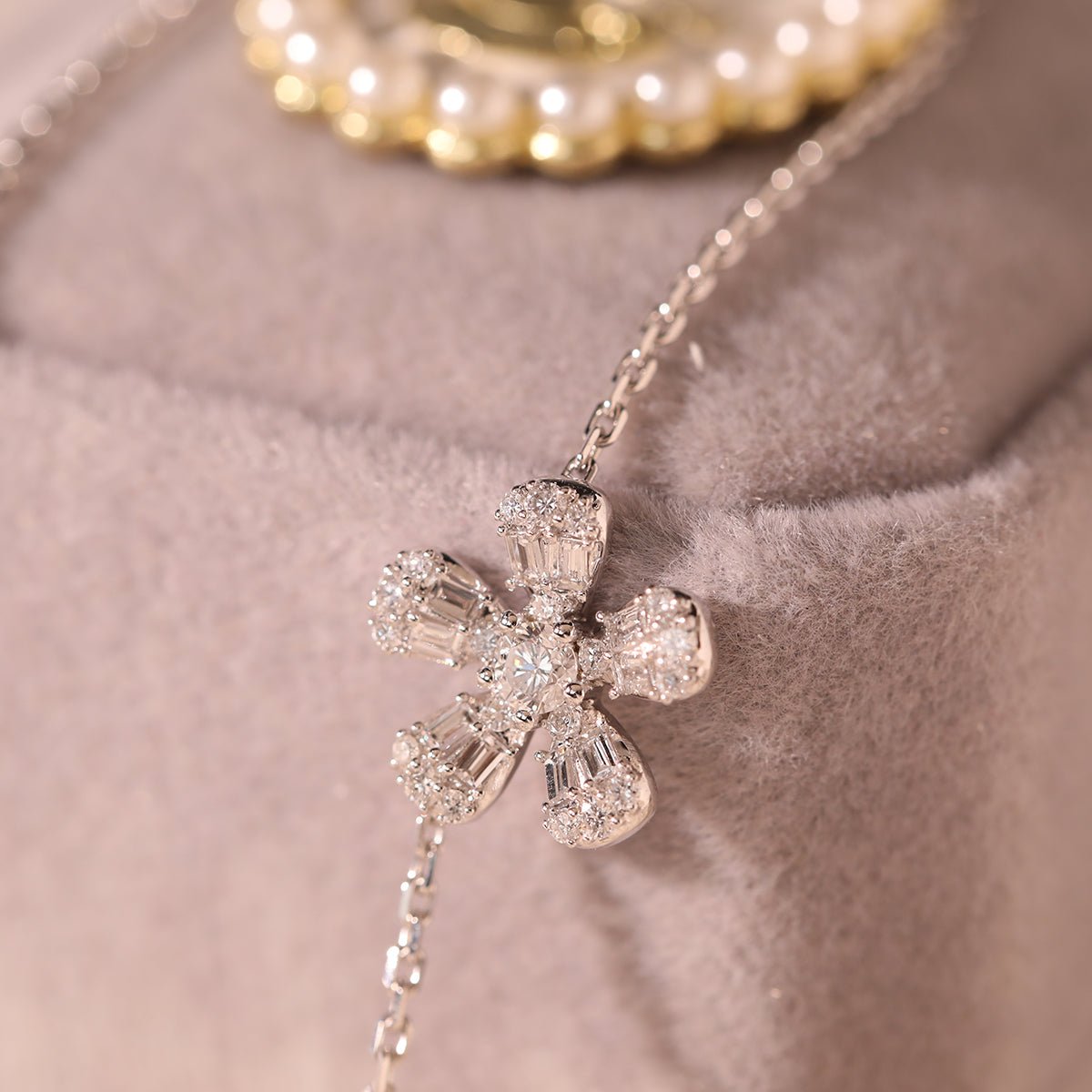 14K White Gold 5 - Flower Station Necklace with Round and Baguette Cut Lab Diamonds - MMR