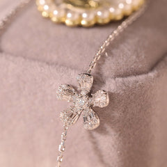 14K White Gold 5 - Flower Station Necklace with Round and Baguette Cut Lab Diamonds - MMR