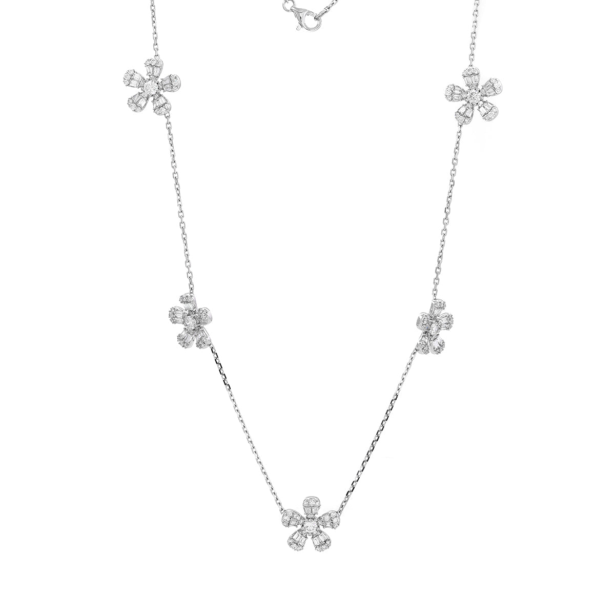14K White Gold 5 - Flower Station Necklace with Round and Baguette Cut Lab Diamonds - MMR