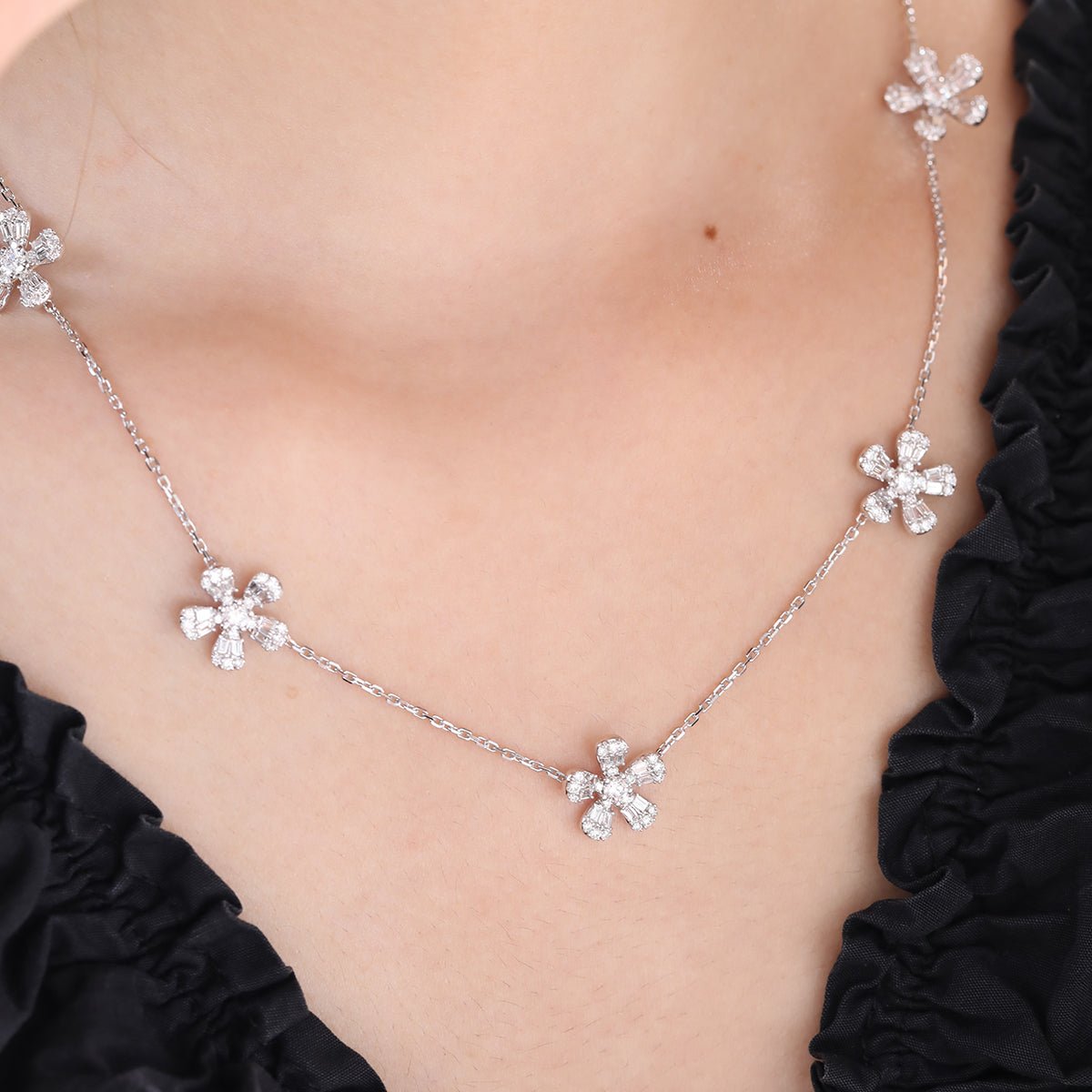 14K White Gold 5 - Flower Station Necklace with Round and Baguette Cut Lab Diamonds - MMR