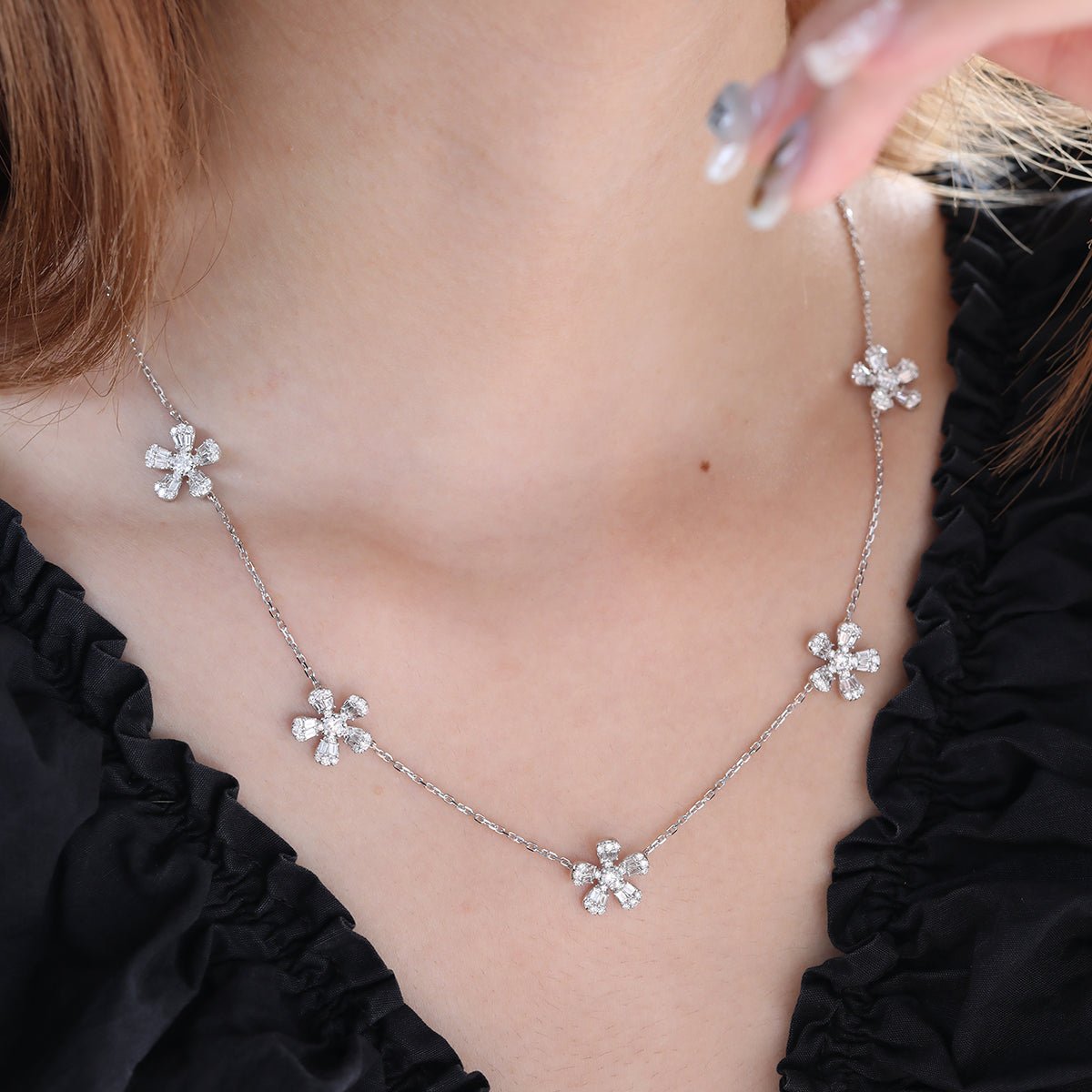 14K White Gold 5 - Flower Station Necklace with Round and Baguette Cut Lab Diamonds - MMR