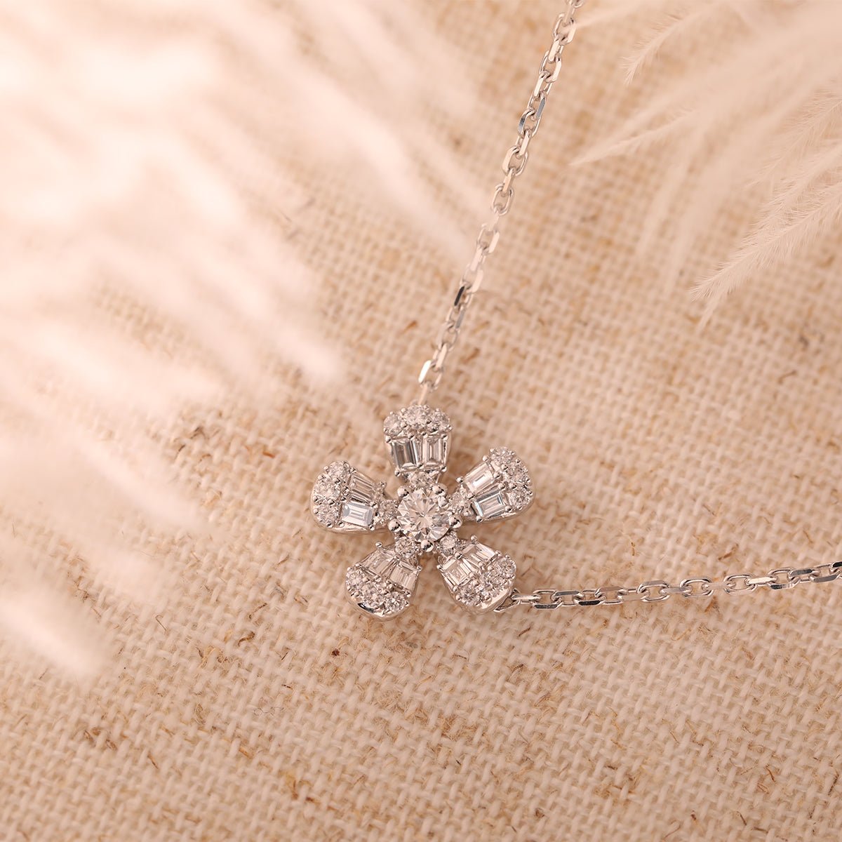 14K White Gold 5 - Flower Station Necklace with Round and Baguette Cut Lab Diamonds - MMR