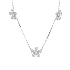 14K White Gold 5 - Flower Station Necklace with Round and Baguette Cut Lab Diamonds - MMR