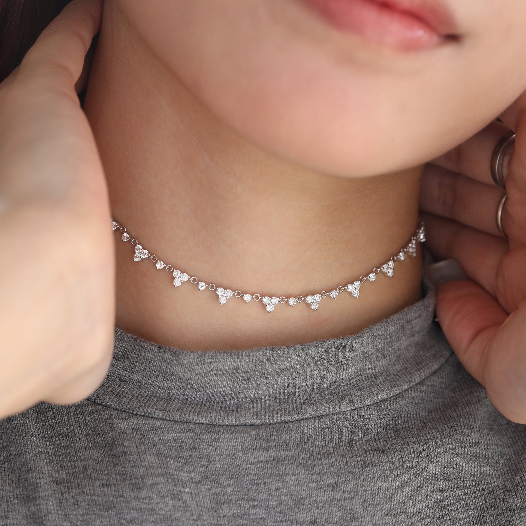 14K White Gold Asymmetric Round Diamond Cluster & Chain Necklace (15") - MMR