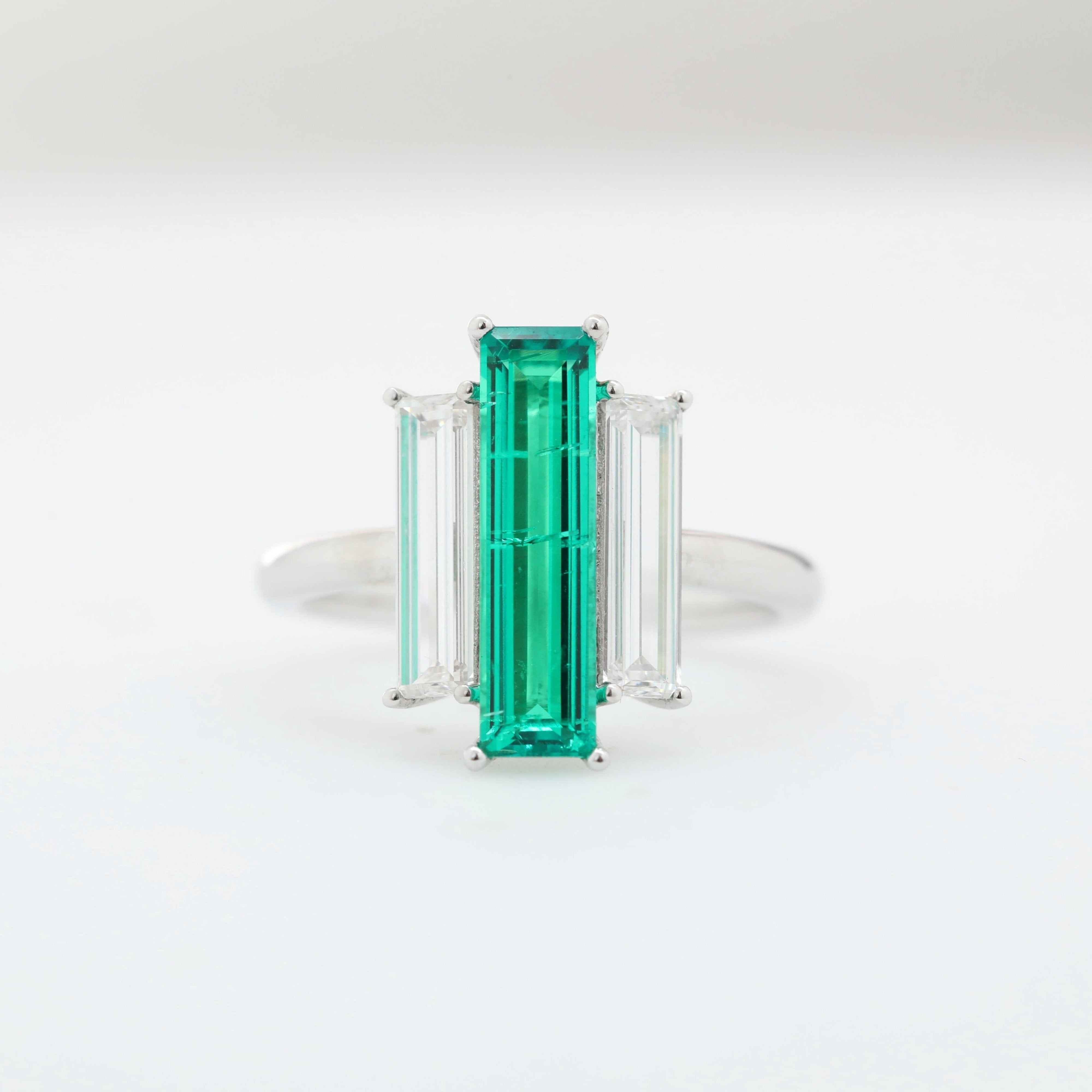 14K White Gold Baguette Cut Emerald Three Stone Ring with Lab Diamond Side-stones - MMR
