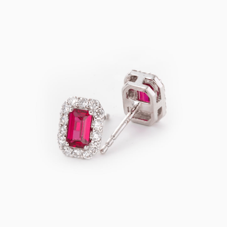 14K White Gold Emerald Cut Ruby Lab Diamond Halo Stud Earrings - MMR