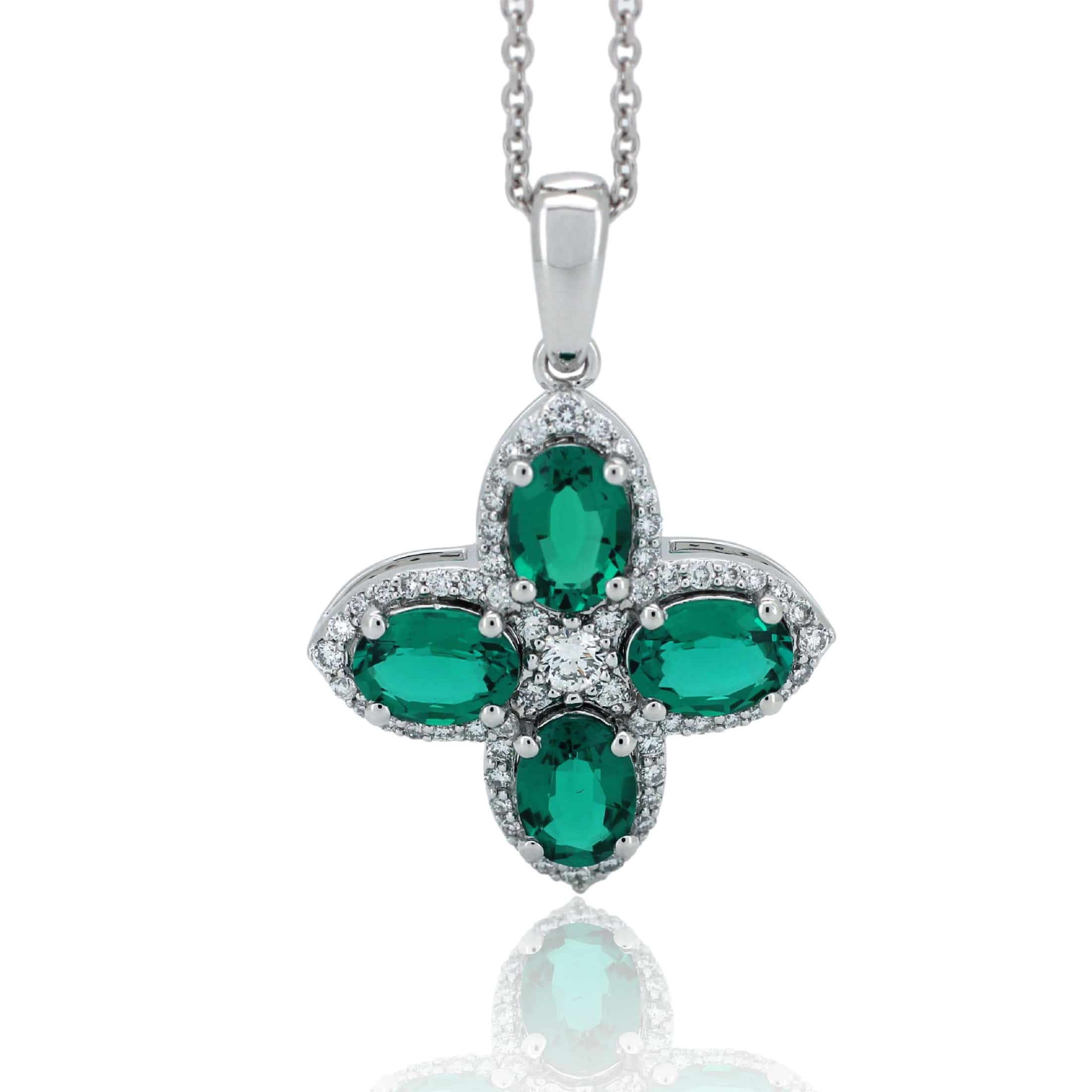 14K White Gold Emerald & Diamond Four leaf Clover Necklace