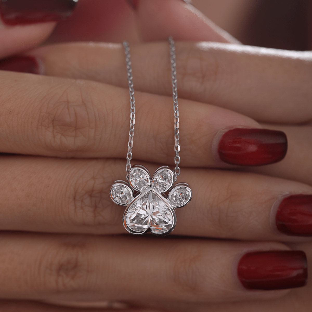 14K White Gold Heart Shaped and Oval Lab diamond Bella Paw Bezel Pendant Necklace - MMR