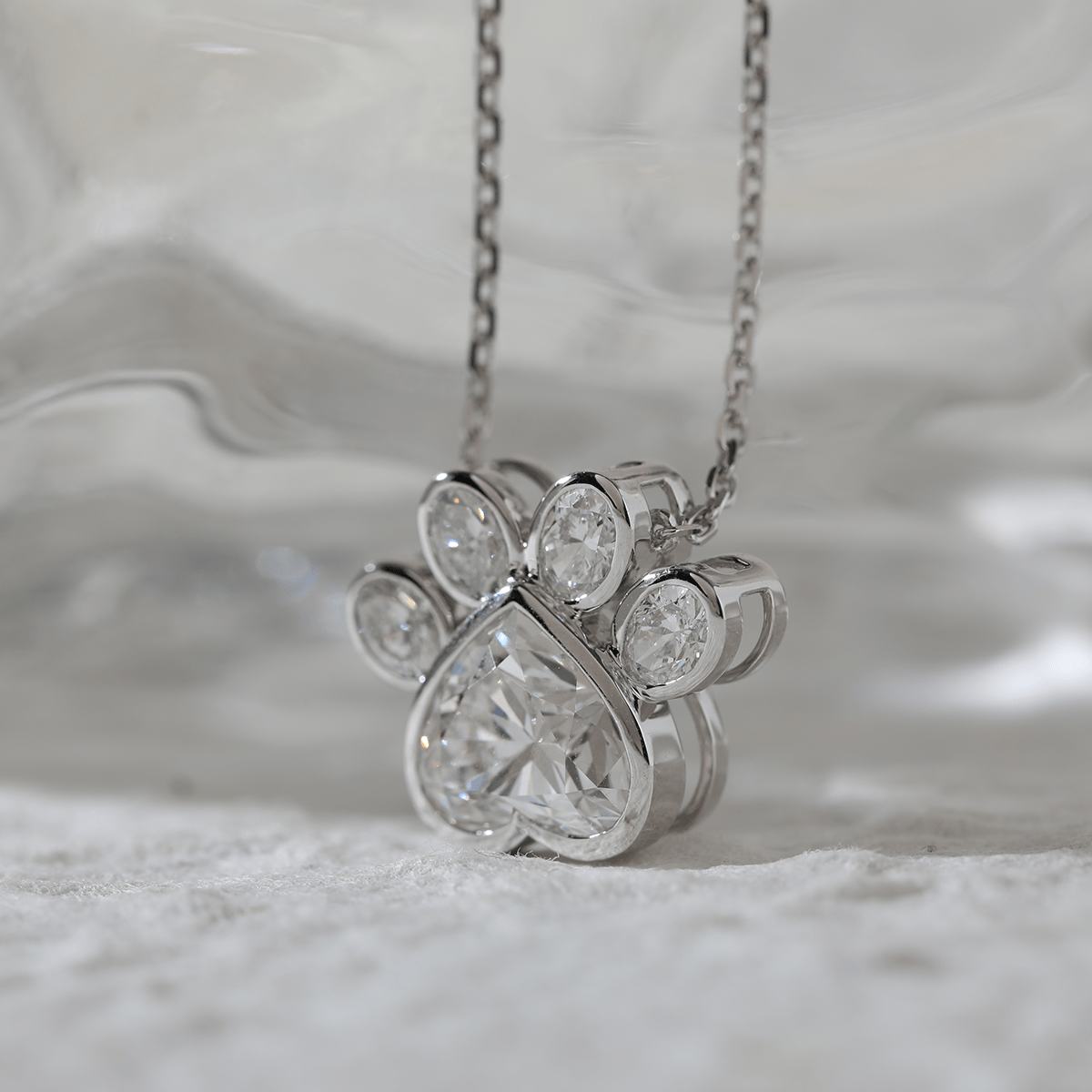 14K White Gold Heart Shaped and Oval Lab diamond Bella Paw Bezel Pendant Necklace - MMR