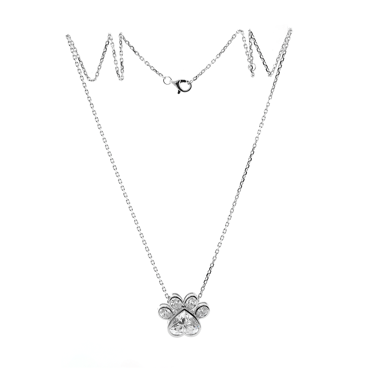 14K White Gold Heart Shaped and Oval Lab diamond Bella Paw Bezel Pendant Necklace - MMR