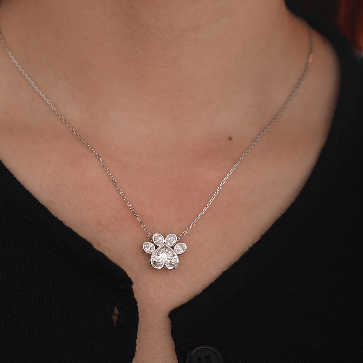 14K White Gold Heart Shaped and Oval Lab diamond Bella Paw Bezel Pendant Necklace - MMR