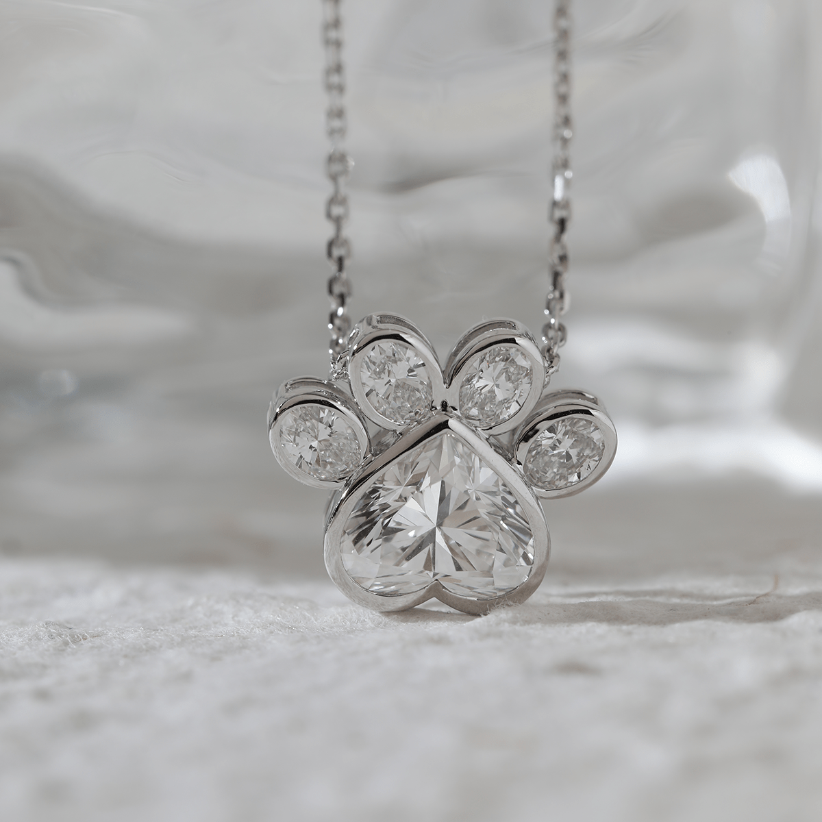14K White Gold Heart Shaped and Oval Lab diamond Bella Paw Bezel Pendant Necklace - MMR