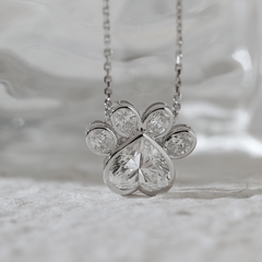 14K White Gold Heart Shaped and Oval Lab diamond Bella Paw Bezel Pendant Necklace - MMR