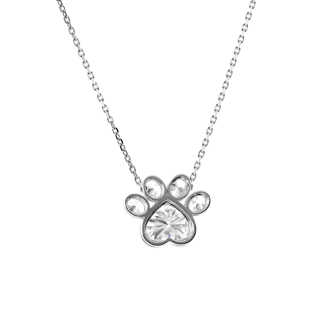 14K White Gold Heart Shaped and Oval Lab diamond Bella Paw Bezel Pendant Necklace - MMR