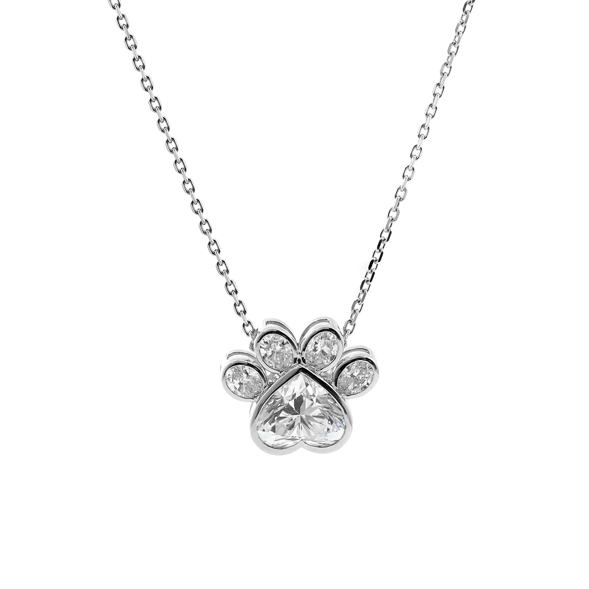 14K White Gold Heart Shaped and Oval Lab diamond Bella Paw Bezel Pendant Necklace - MMR