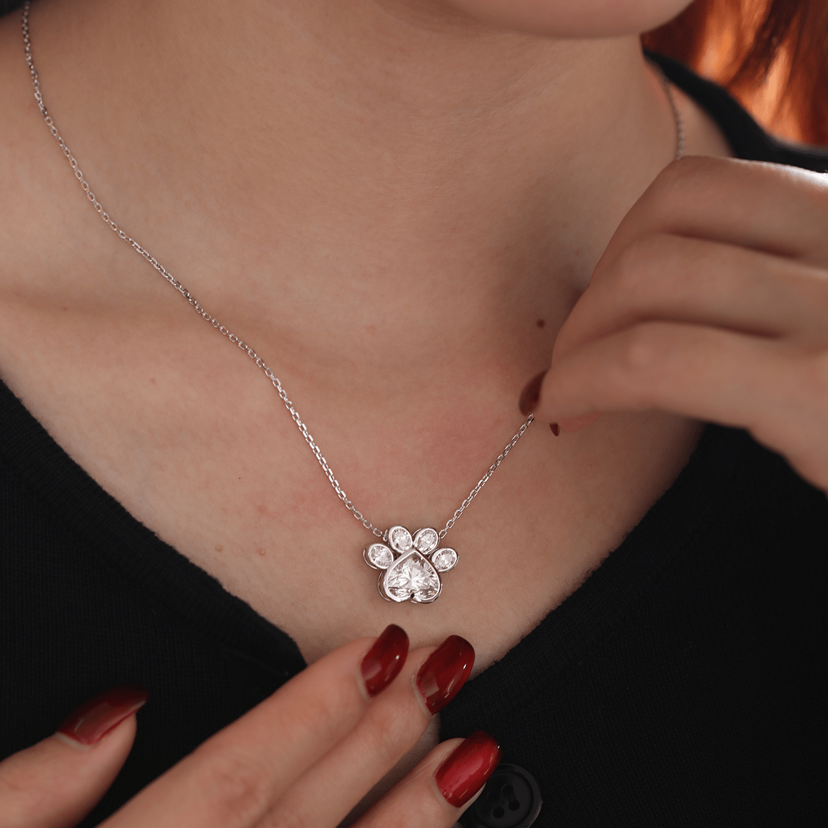 14K White Gold Heart Shaped and Oval Lab diamond Bella Paw Bezel Pendant Necklace - MMR