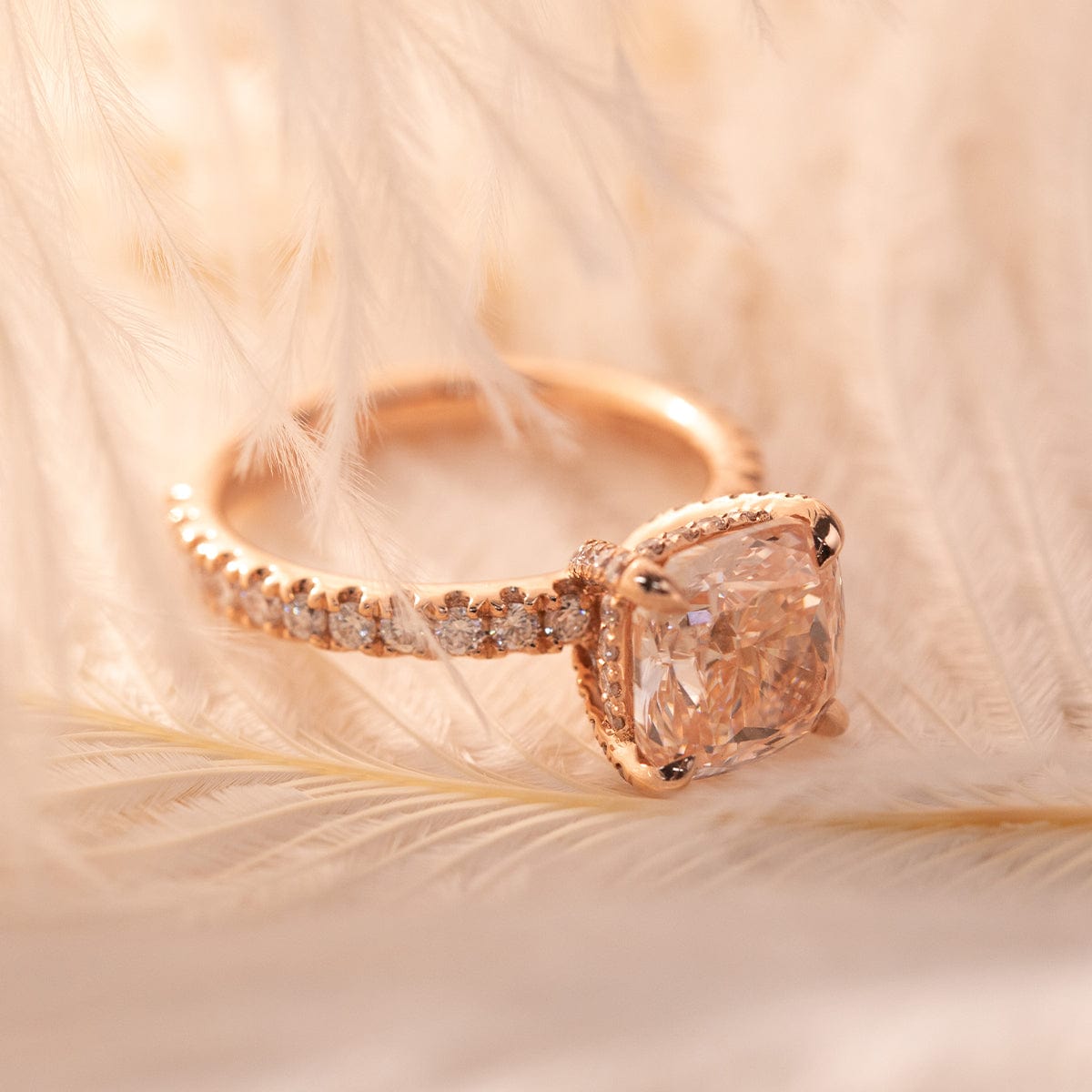 14K Rose Gold Pink Cushion Lab Diamond Hidden Halo Pave Engagement Ring (Ring Setting Only)