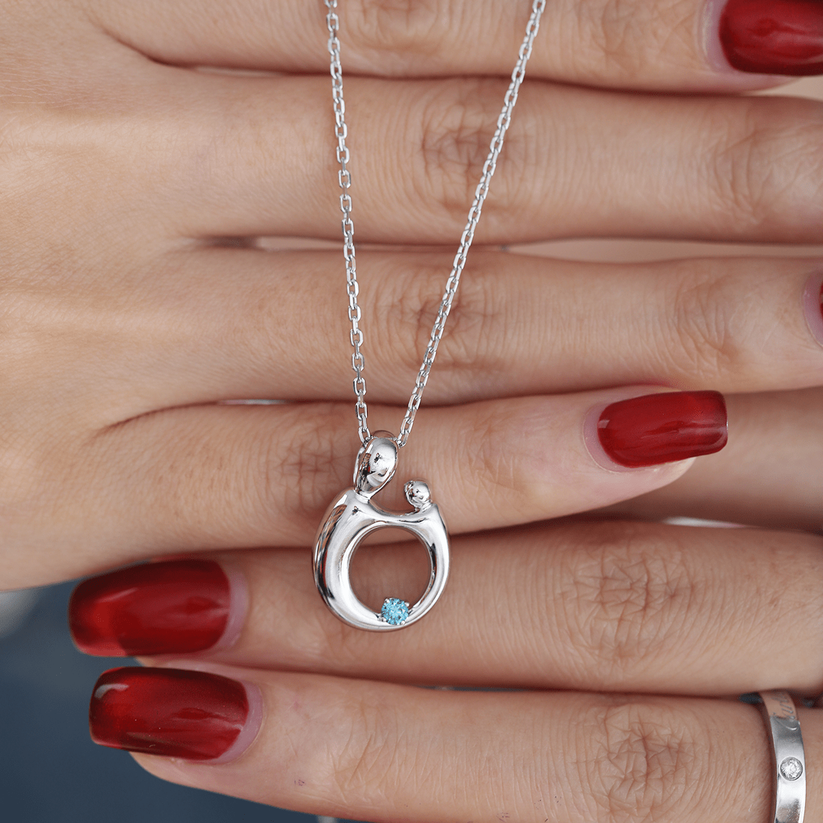 14K White Gold Mother and Child Pendant Necklace with Blue Round Lab Diamond - MMR