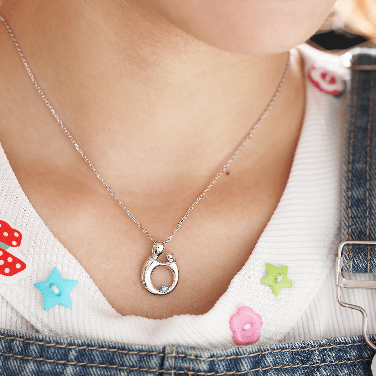 14K White Gold Mother and Child Pendant Necklace with Blue Round Lab Diamond - MMR