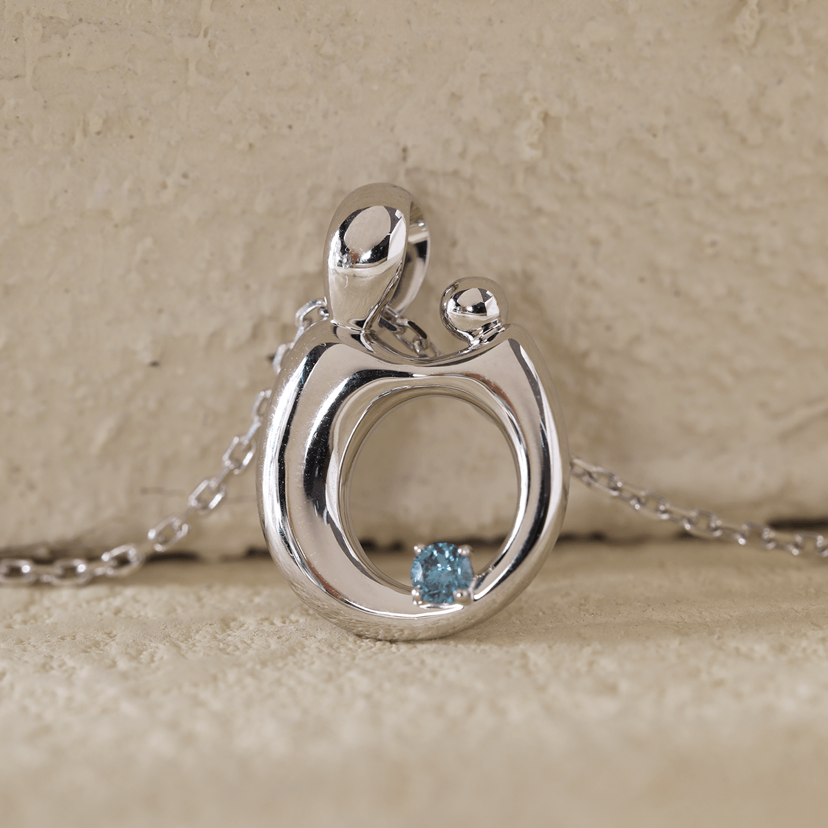 14K White Gold Mother and Child Pendant Necklace with Blue Round Lab Diamond - MMR