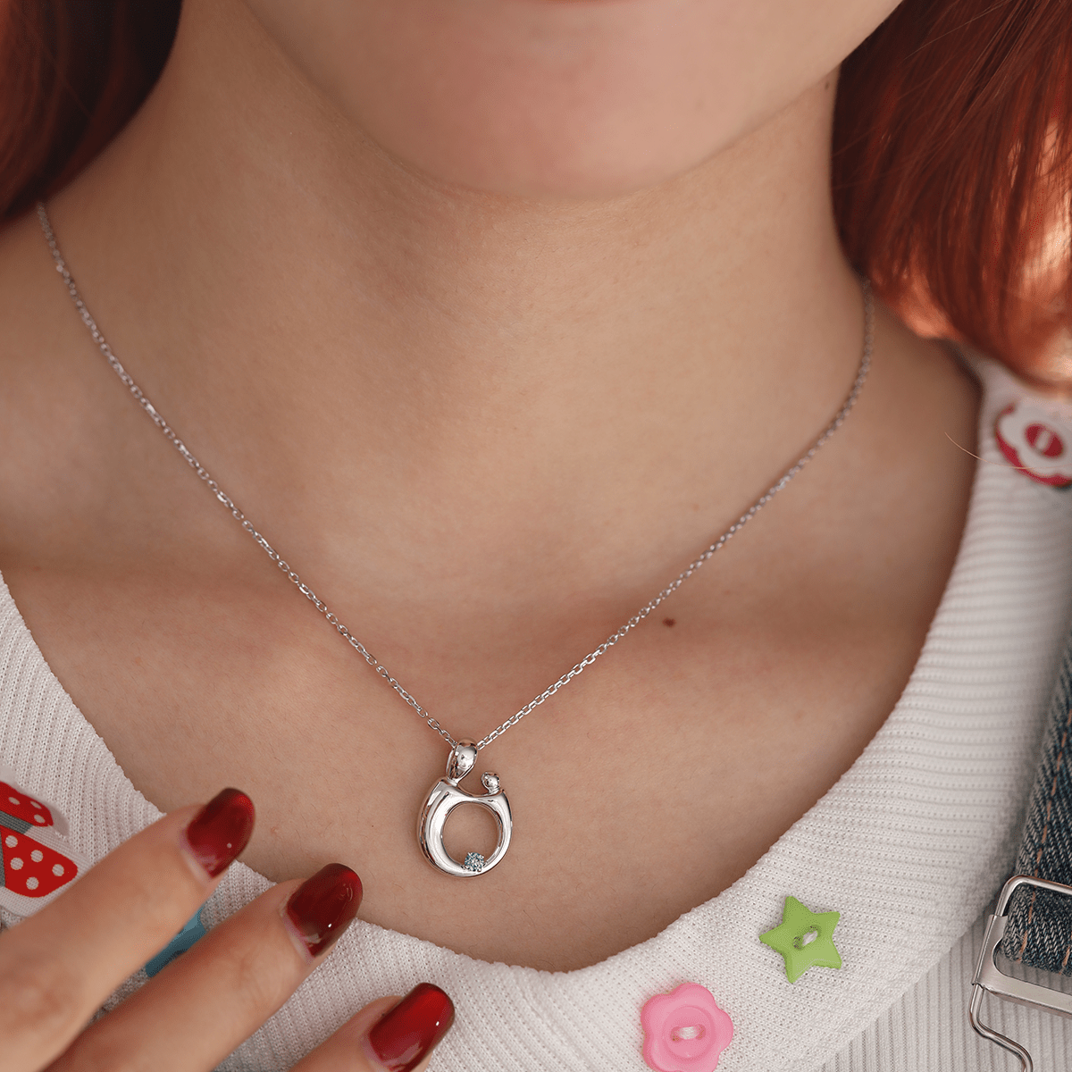 14K White Gold Mother and Child Pendant Necklace with Blue Round Lab Diamond - MMR