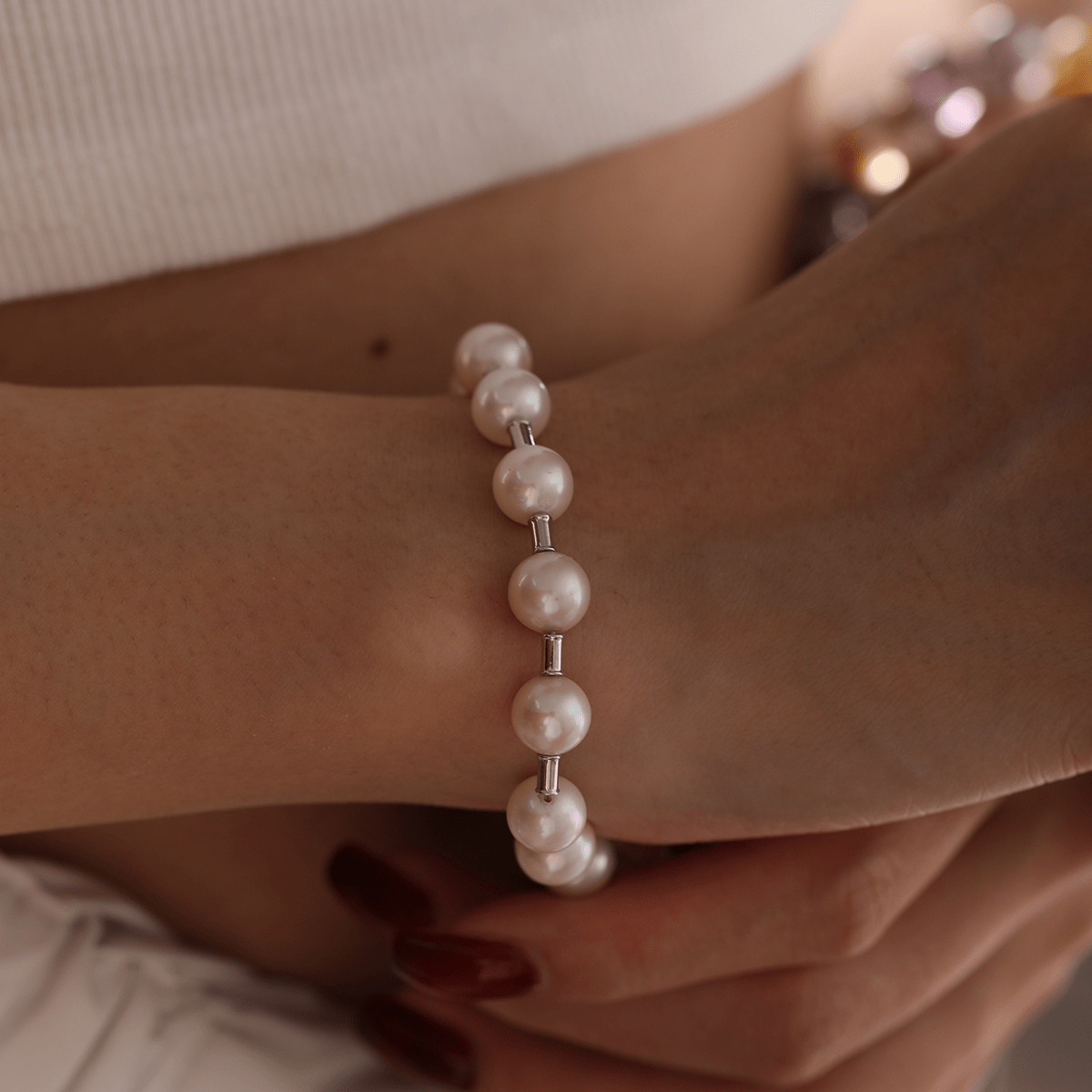 14K White Gold Near - round Fresh - water Pearl Bracelet - MMR