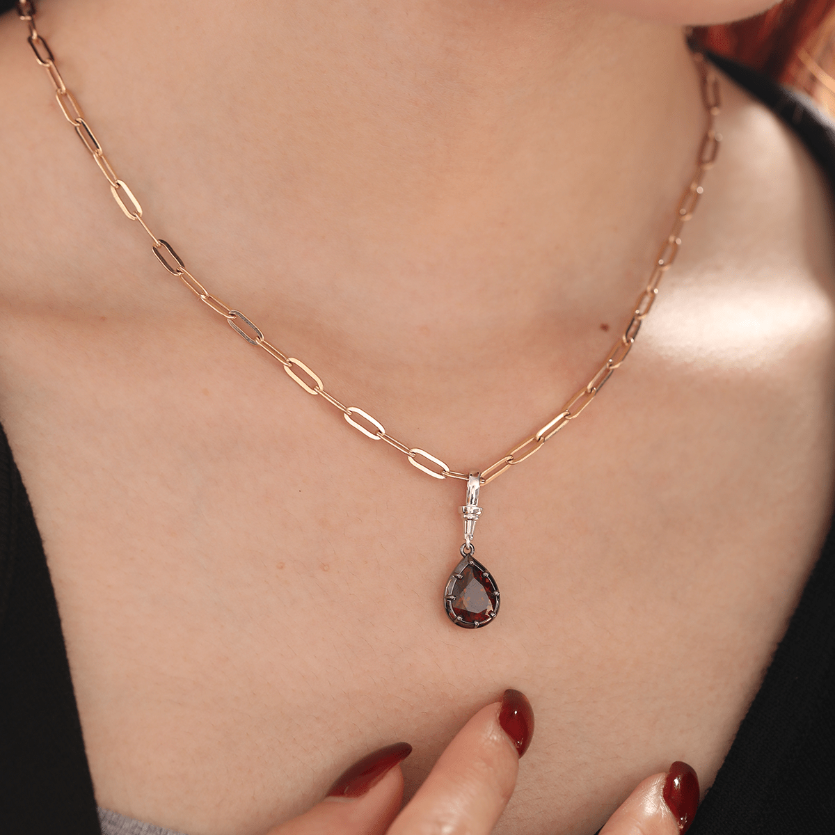 14K White Gold Necklace with 3ct Pear Shaped Lab Diamond Pendant in Black Rhodium Plated Bezel Setting - MMR