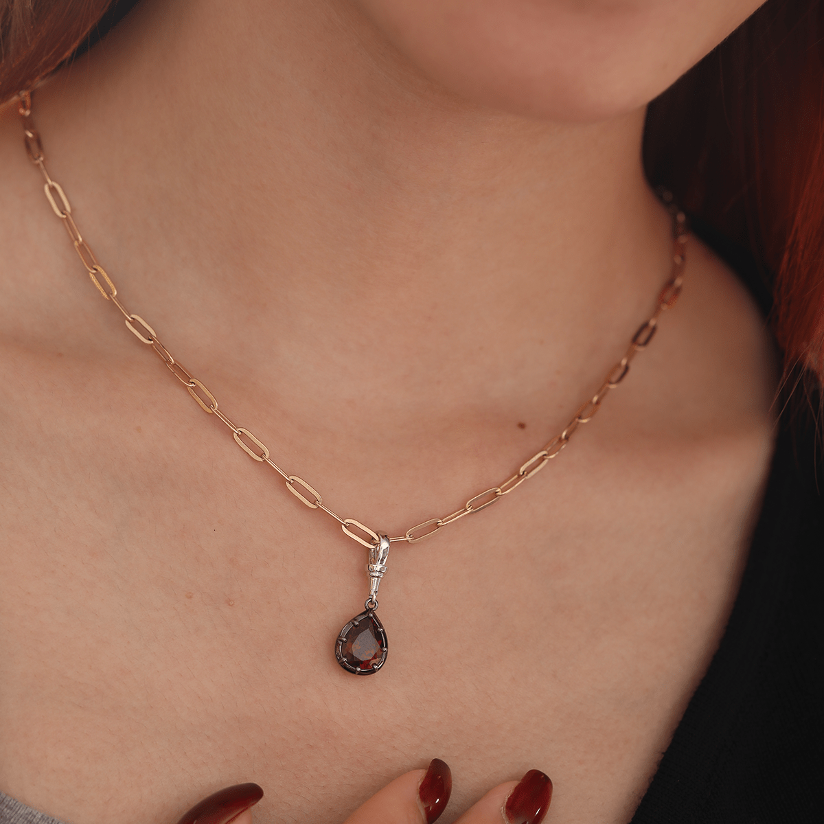 14K White Gold Necklace with 3ct Pear Shaped Lab Diamond Pendant in Black Rhodium Plated Bezel Setting - MMR