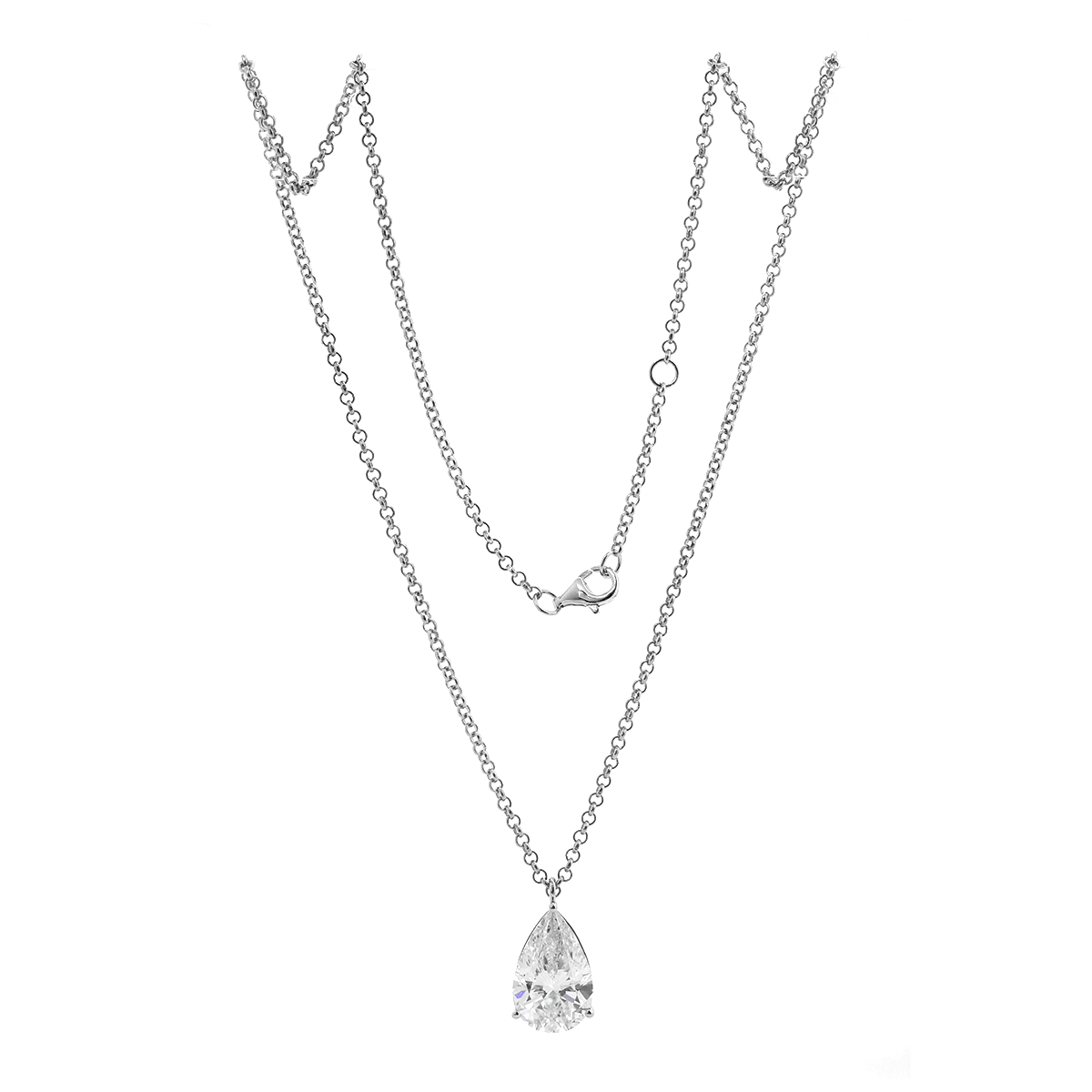 14K White Gold Necklace with 6ct Pear Shaped Lab Diamond Pendant in 3 Prong Basket Setting and Rolo Chain - MMR