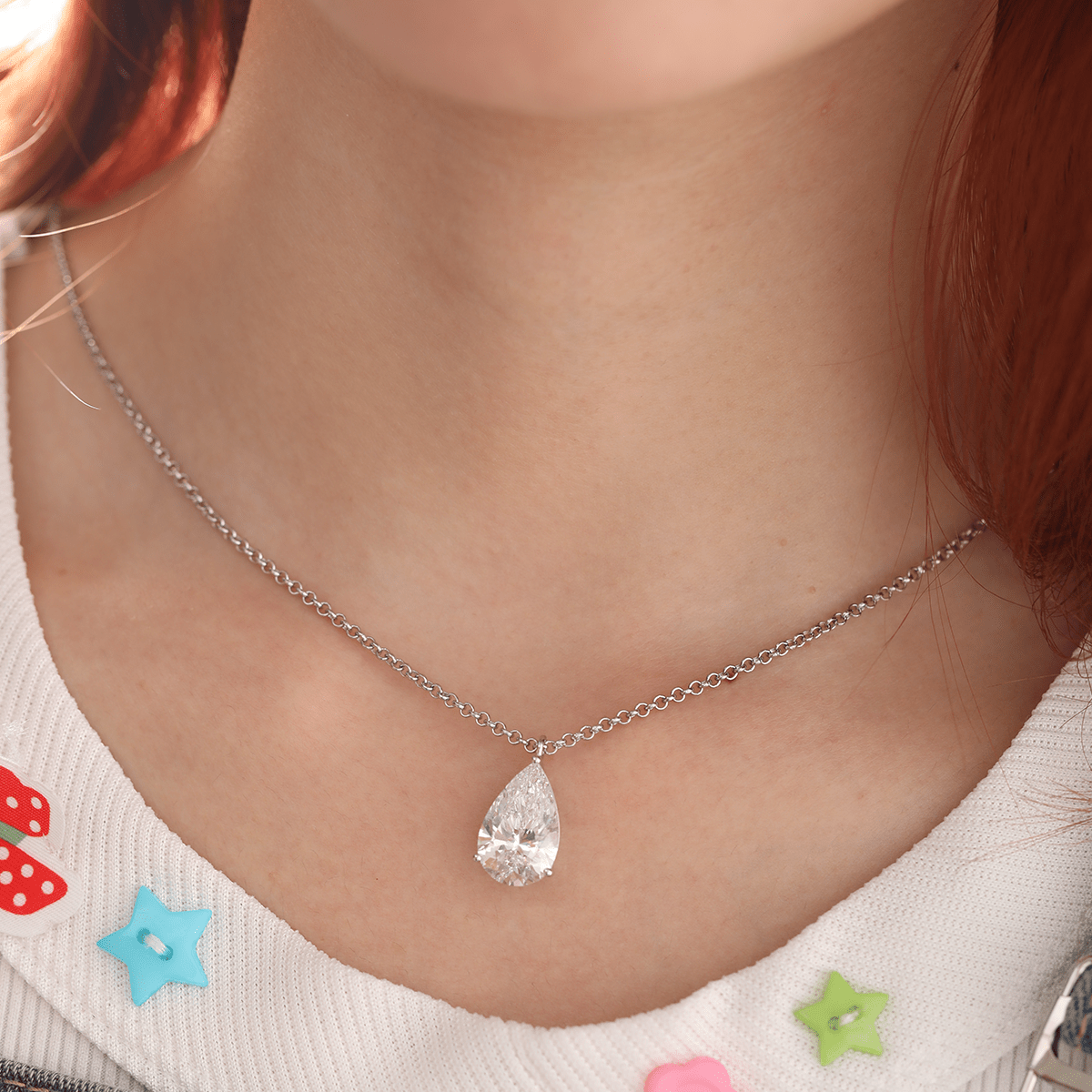 14K White Gold Necklace with 6ct Pear Shaped Lab Diamond Pendant in 3 Prong Basket Setting and Rolo Chain - MMR