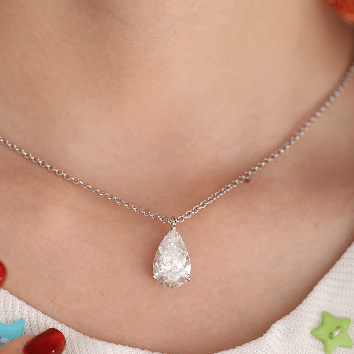 14K White Gold Necklace with 6ct Pear Shaped Lab Diamond Pendant in 3 Prong Basket Setting and Rolo Chain - MMR
