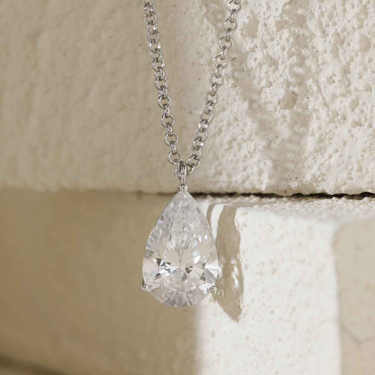 14K White Gold Necklace with 6ct Pear Shaped Lab Diamond Pendant in 3 Prong Basket Setting and Rolo Chain - MMR