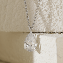 14K White Gold Necklace with 6ct Pear Shaped Lab Diamond Pendant in 3 Prong Basket Setting and Rolo Chain - MMR