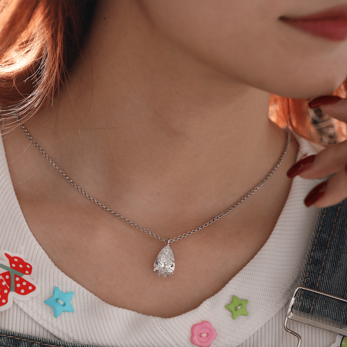 14K White Gold Necklace with 6ct Pear Shaped Lab Diamond Pendant in 3 Prong Basket Setting and Rolo Chain - MMR