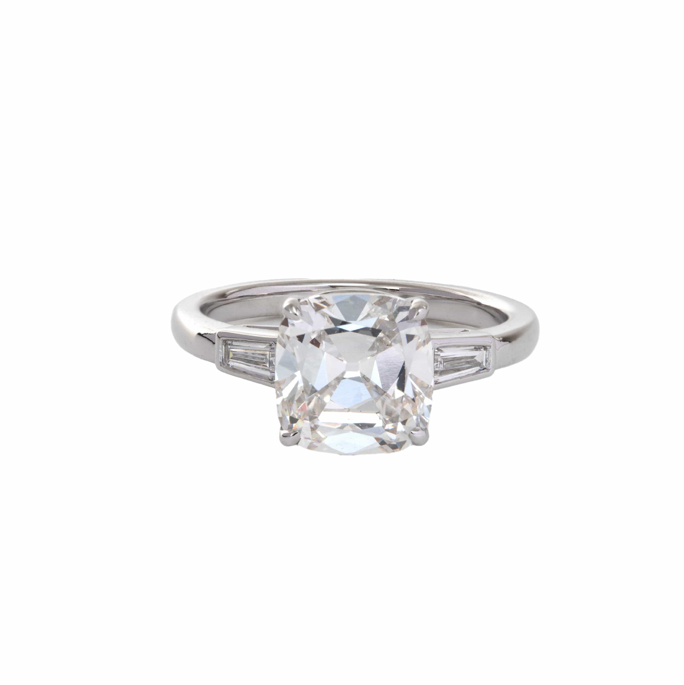 14K White Gold Old Mine Cut Lab Diamond & Tapered Baguette Three-stone Engagement Ring