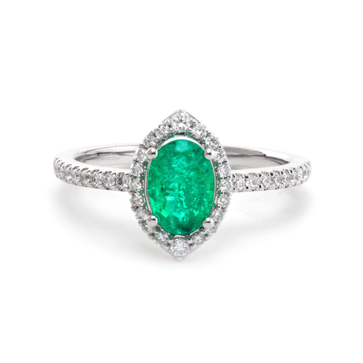 14K White Gold Oval Cut Colombian Emerald Halo Half Band Side Stone Statement Ring
