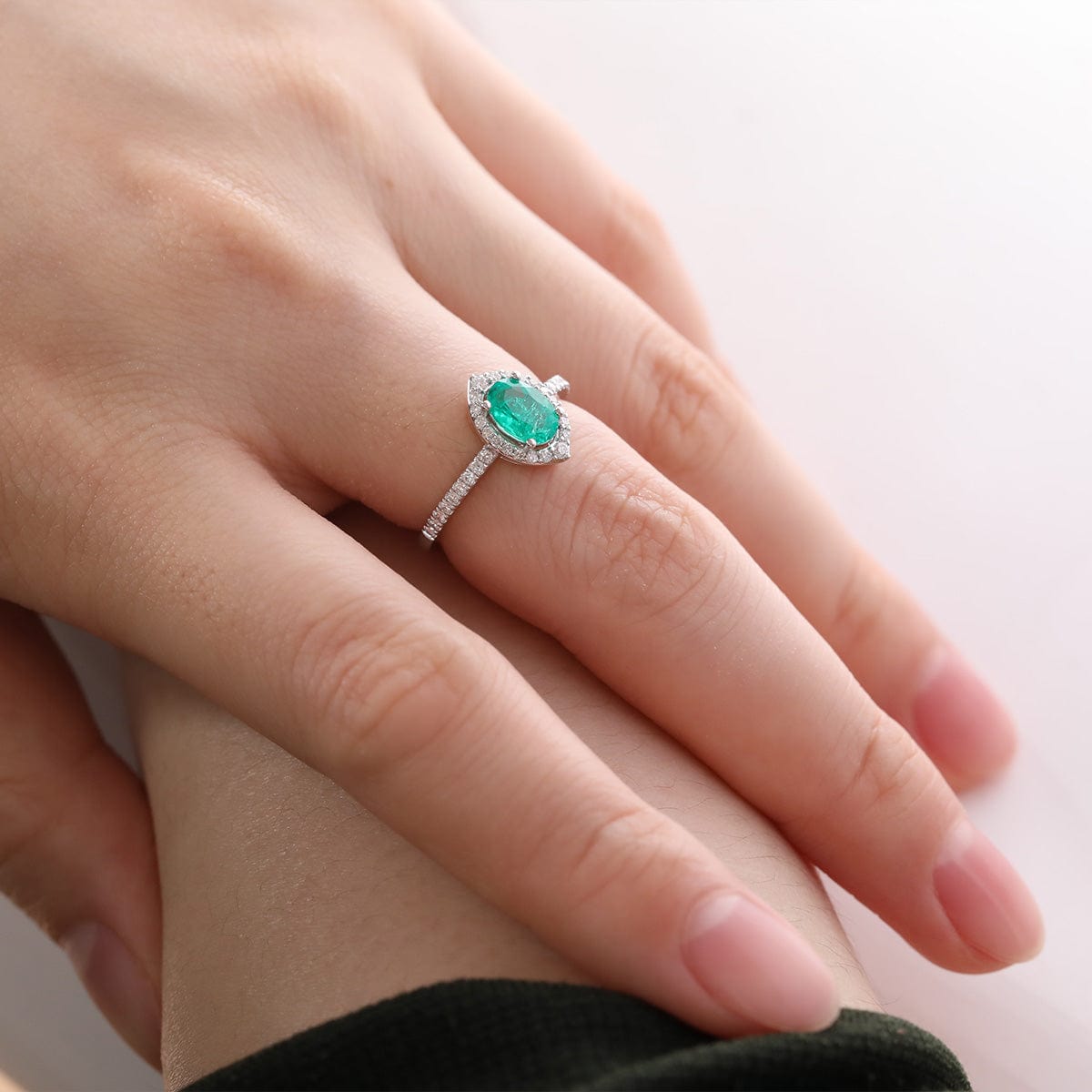14K White Gold Oval Cut Colombian Emerald Halo Half Band Side Stone Statement Ring