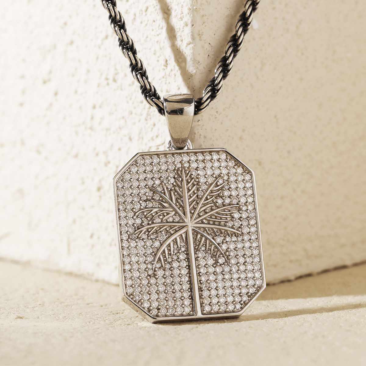 14K White Gold Palm Pendant Necklace with Round Lab Diamond Pave - MMR
