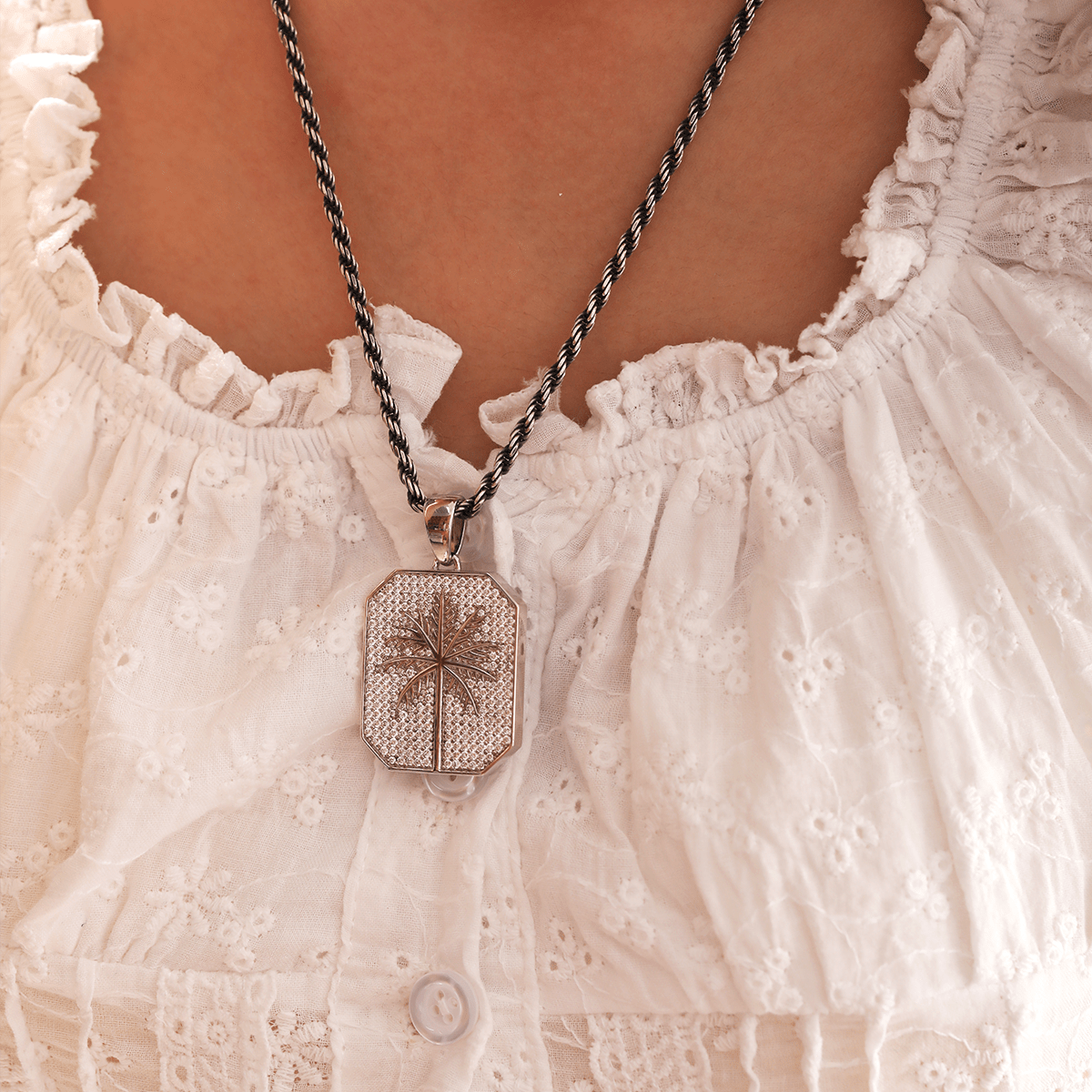 14K White Gold Palm Pendant Necklace with Round Lab Diamond Pave - MMR