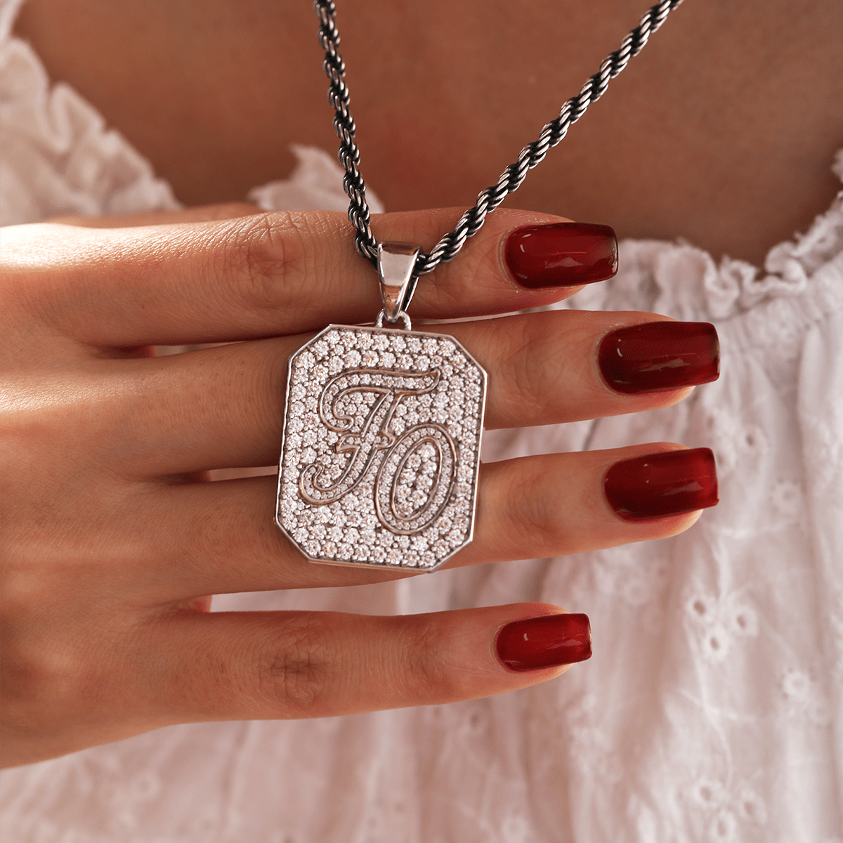 14K White Gold Palm Pendant Necklace with Round Lab Diamond Pave - MMR