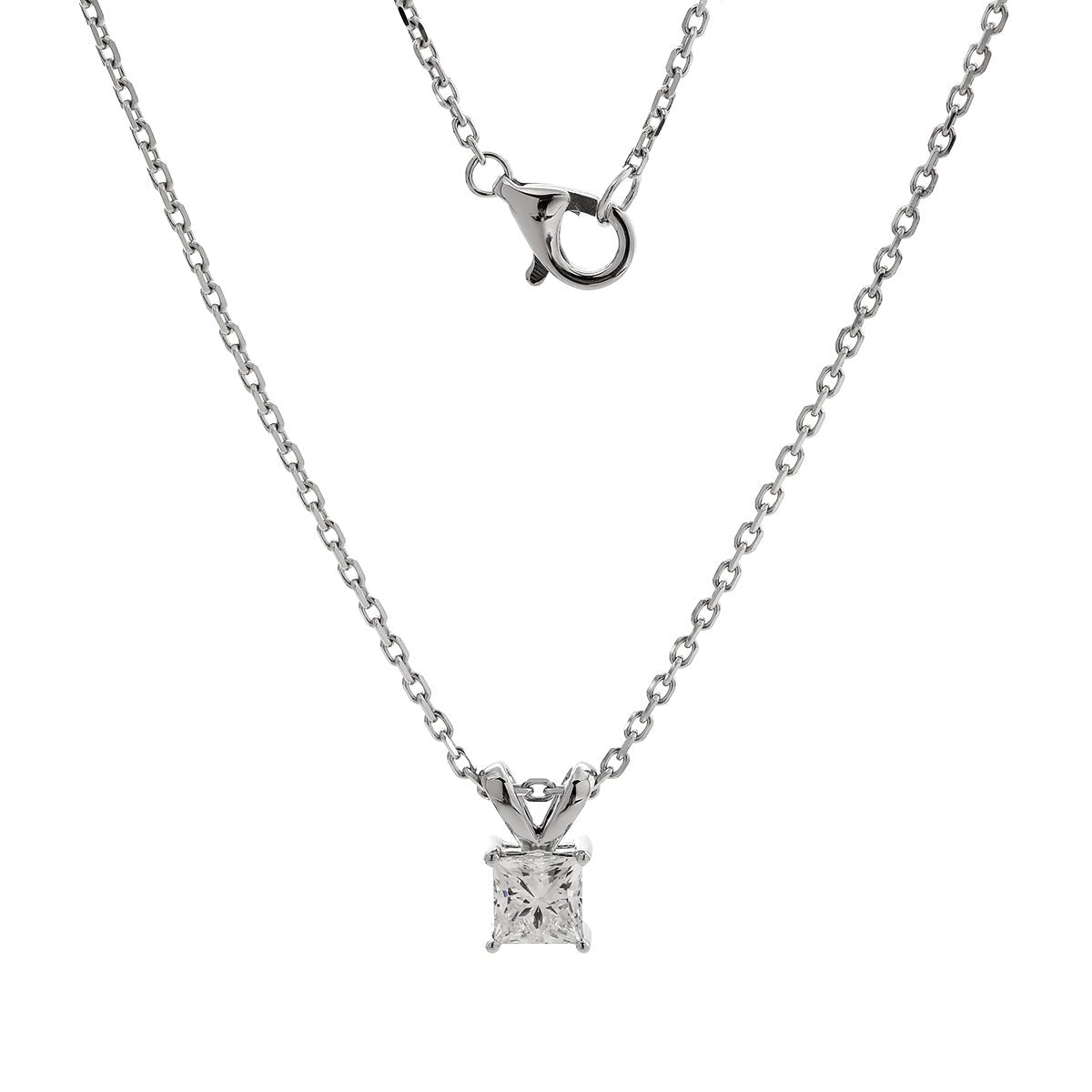 14K White Gold Princess Cut Lab diamond 4 Prong Basket Pendant Necklace - MMR