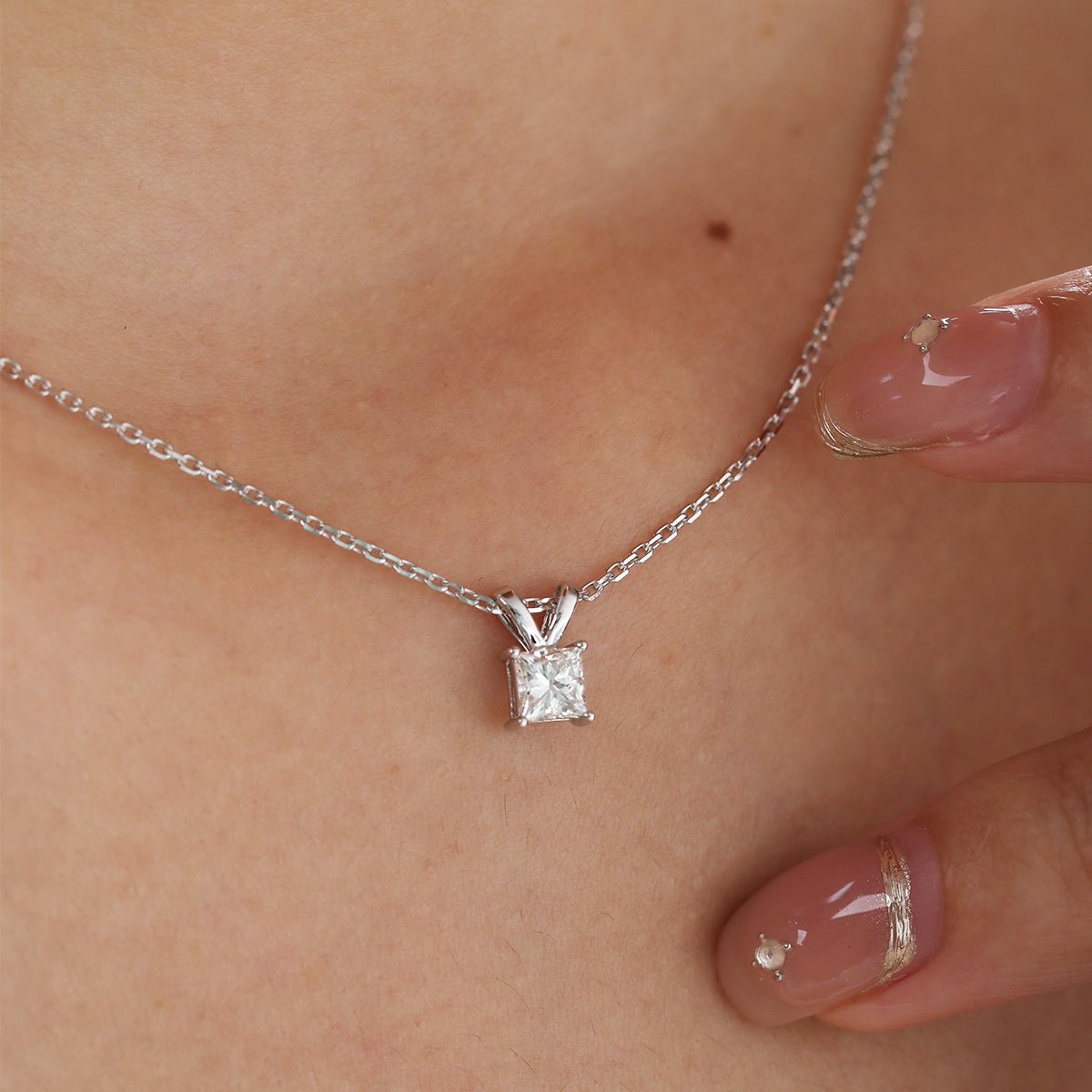 14K White Gold Princess Cut Lab diamond 4 Prong Basket Pendant Necklace - MMR