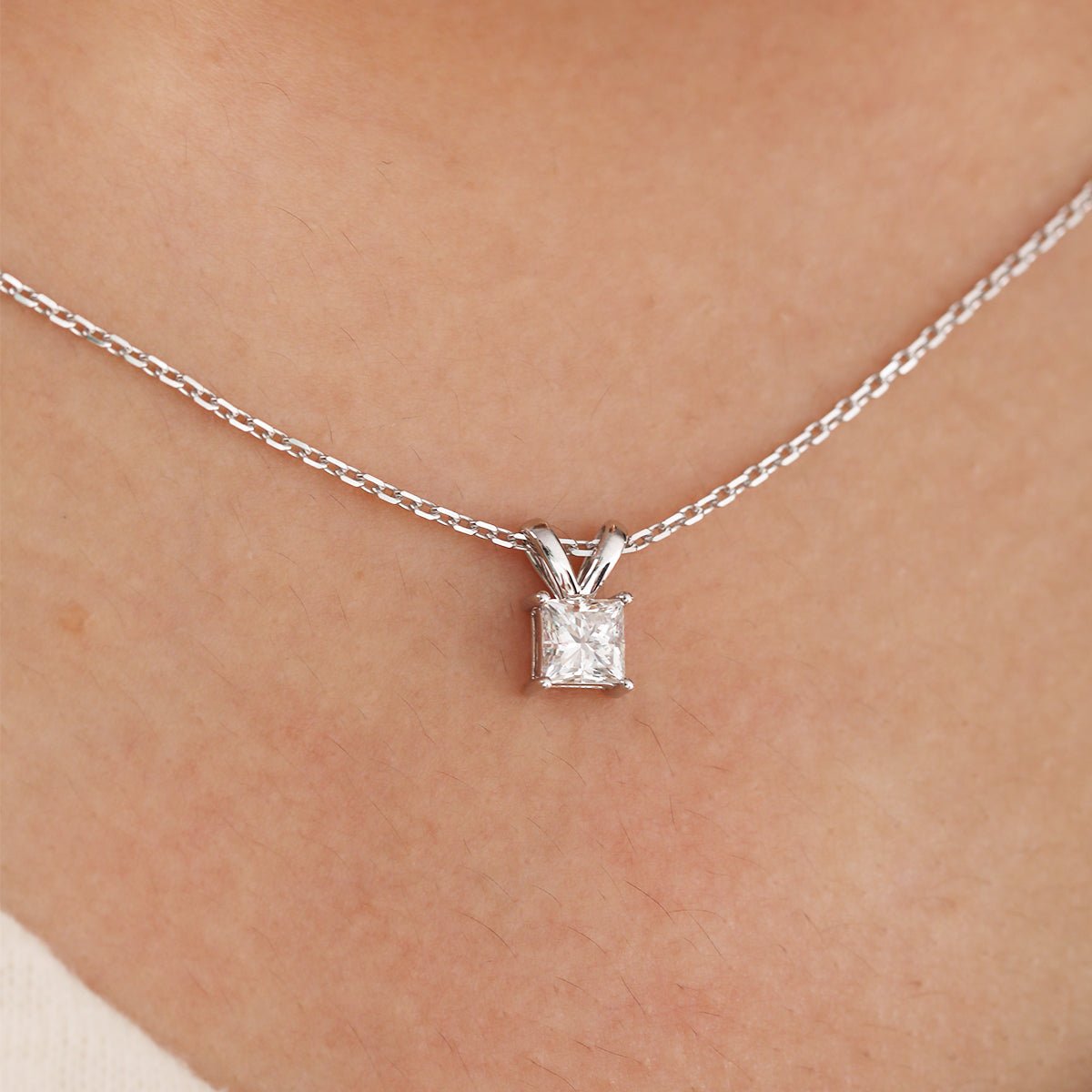 14K White Gold Princess Cut Lab diamond 4 Prong Basket Pendant Necklace - MMR
